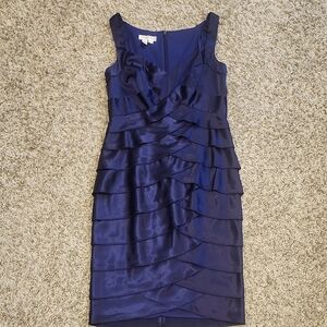 London Times Navy Satin Tiered Ruffle Midi Dress